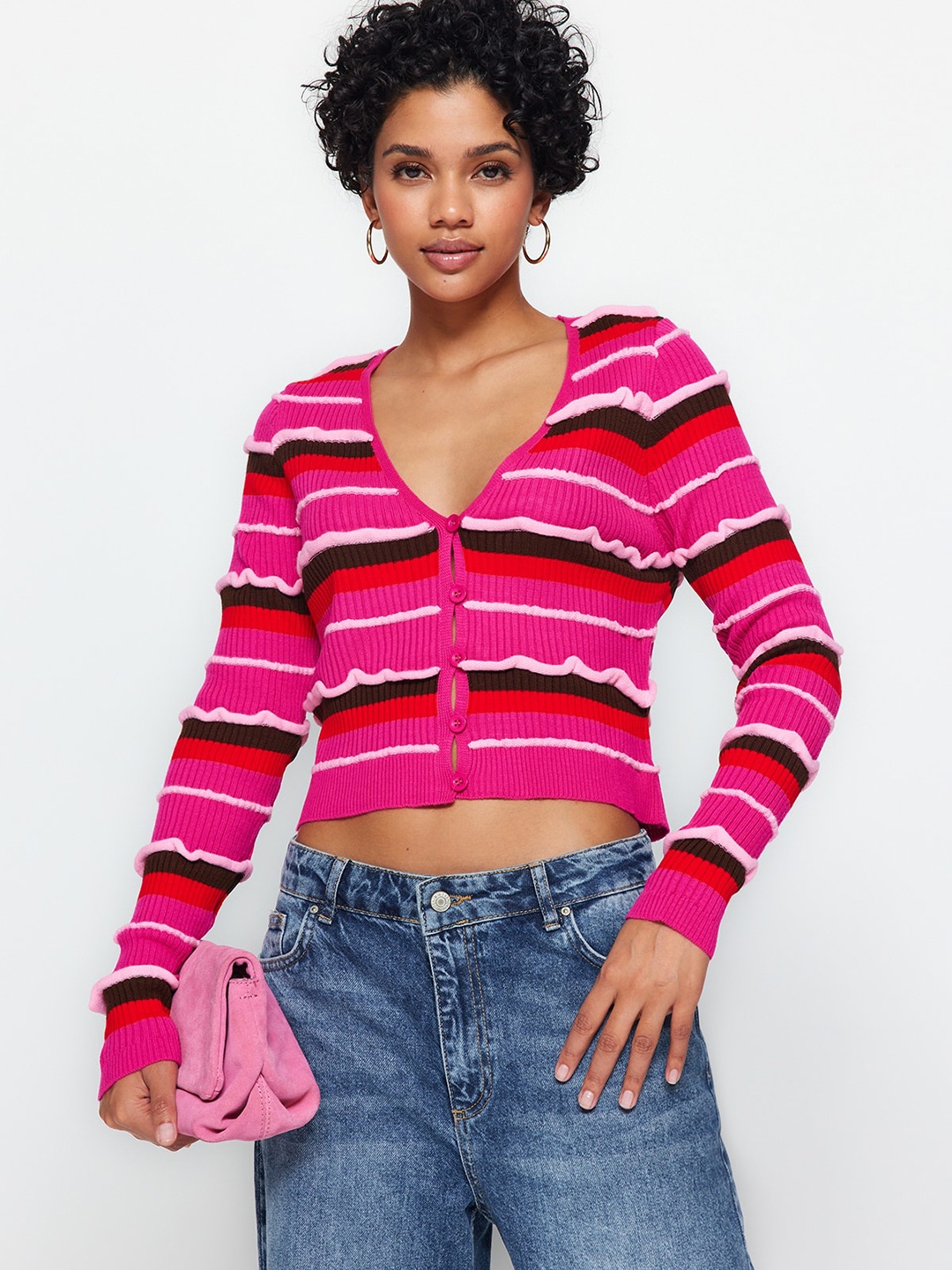 

Trendyol Striped Acrylic Crop Cardigan, Pink