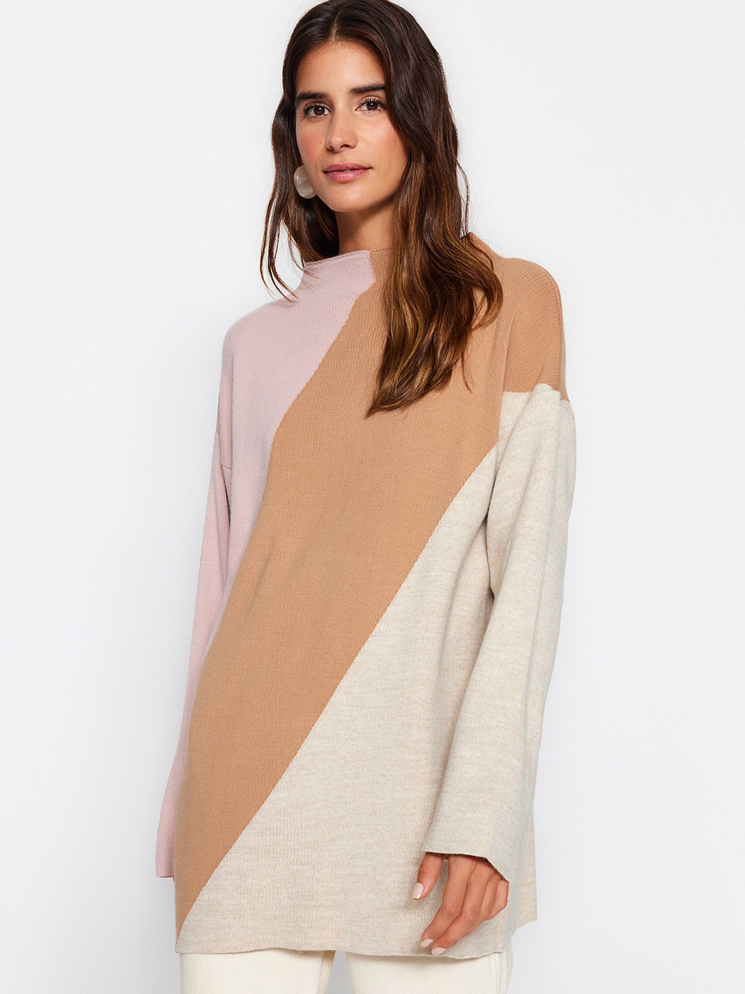 

Trendyol Colourblocked Turtle Neck Acrylic Pullover Sweater, Pink