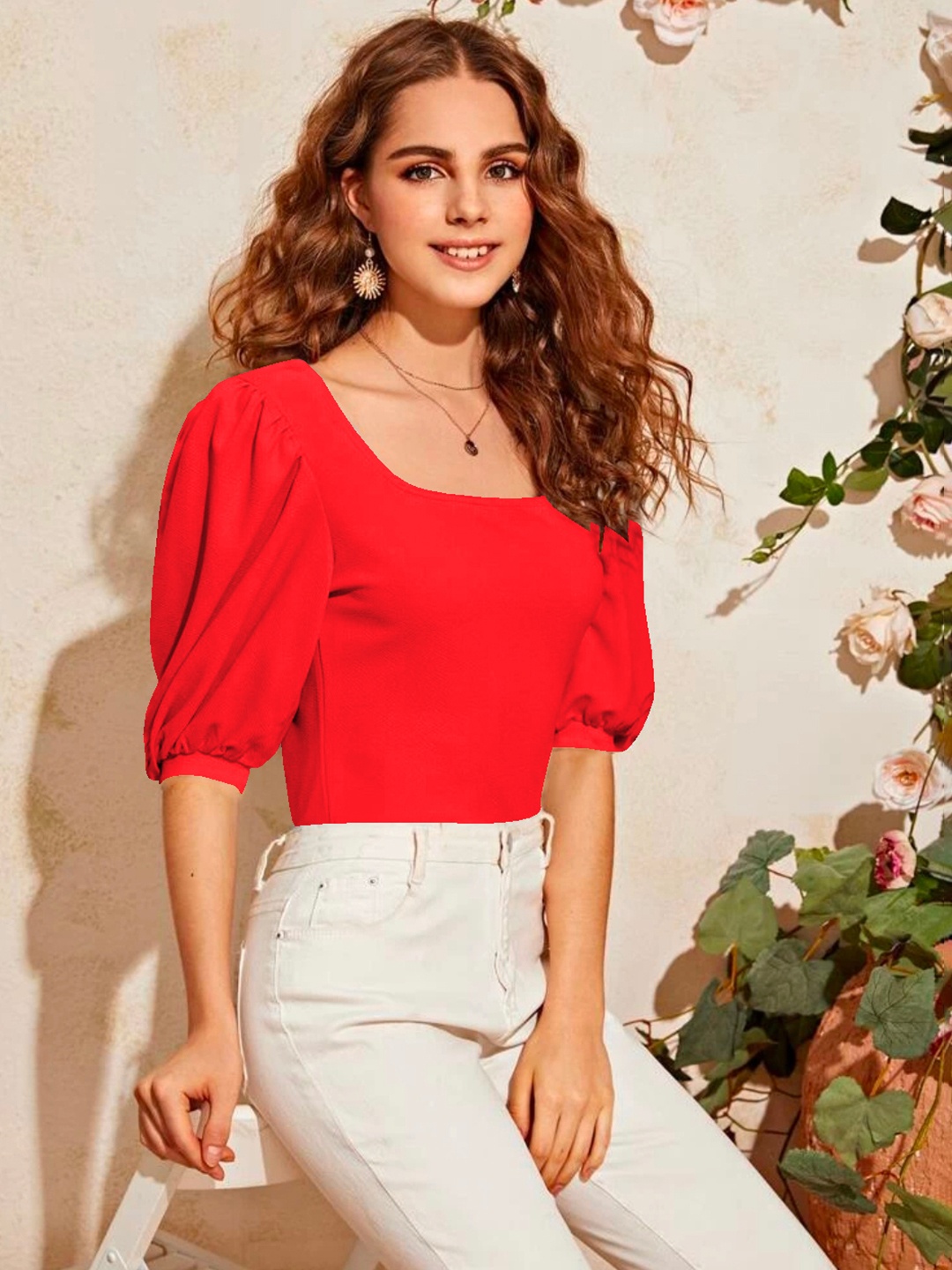 

Dream Beauty Fashion Scoop Neck Puff Sleeves Top, Red