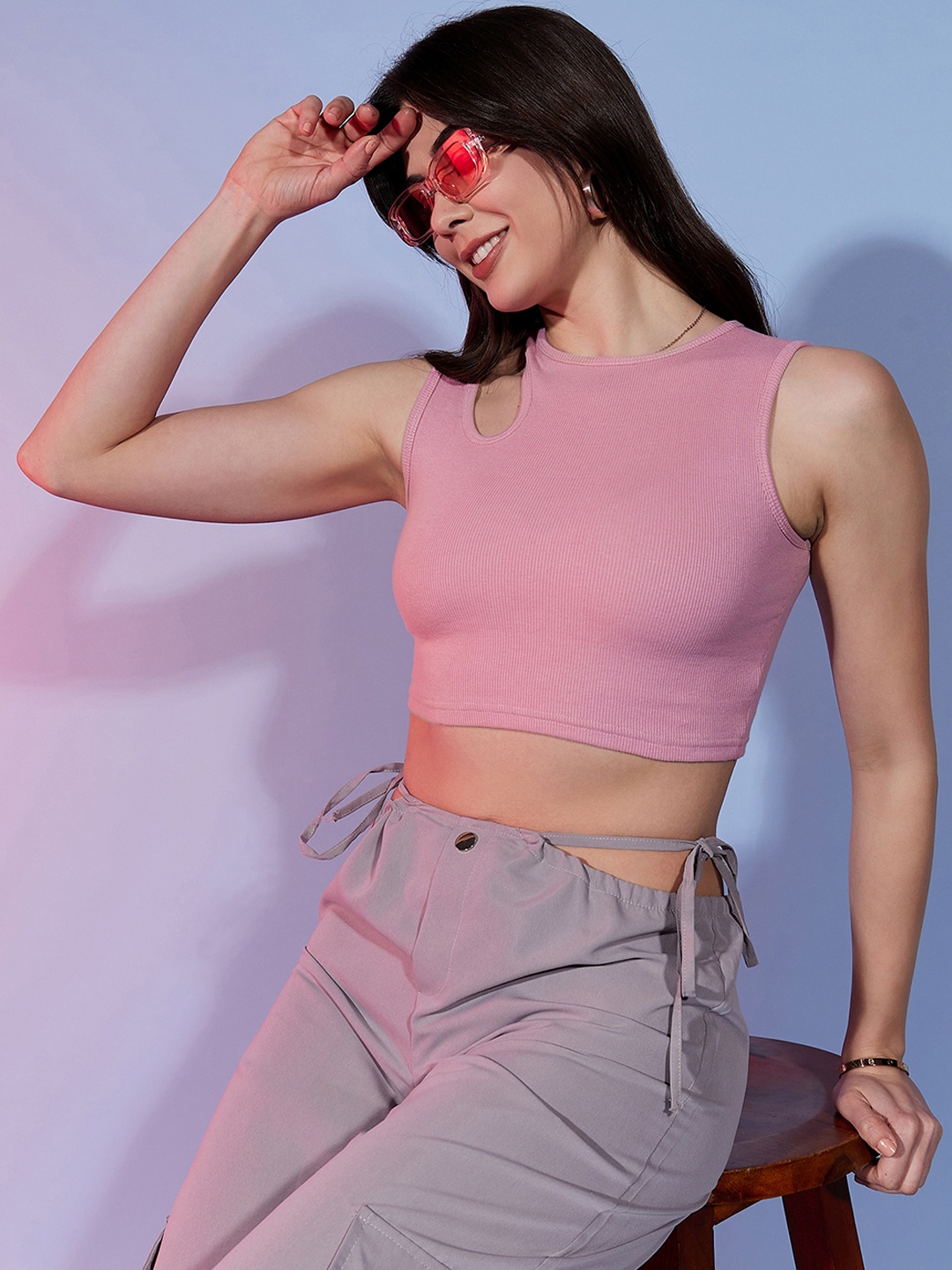 

DressBerry Pink Ribbed Cut Outs Fitted Crop Top