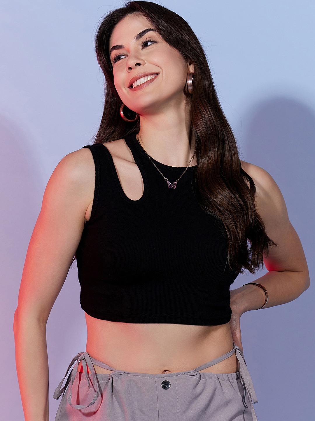 

Dressberry Basics Black Ribbed Cut Outs Fitted Crop Top