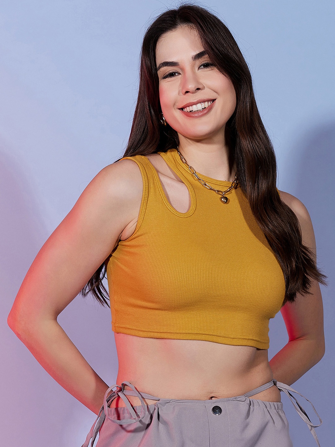 

DressBerry Mustard Yellow Ribbed Cut Outs Fitted Crop Top