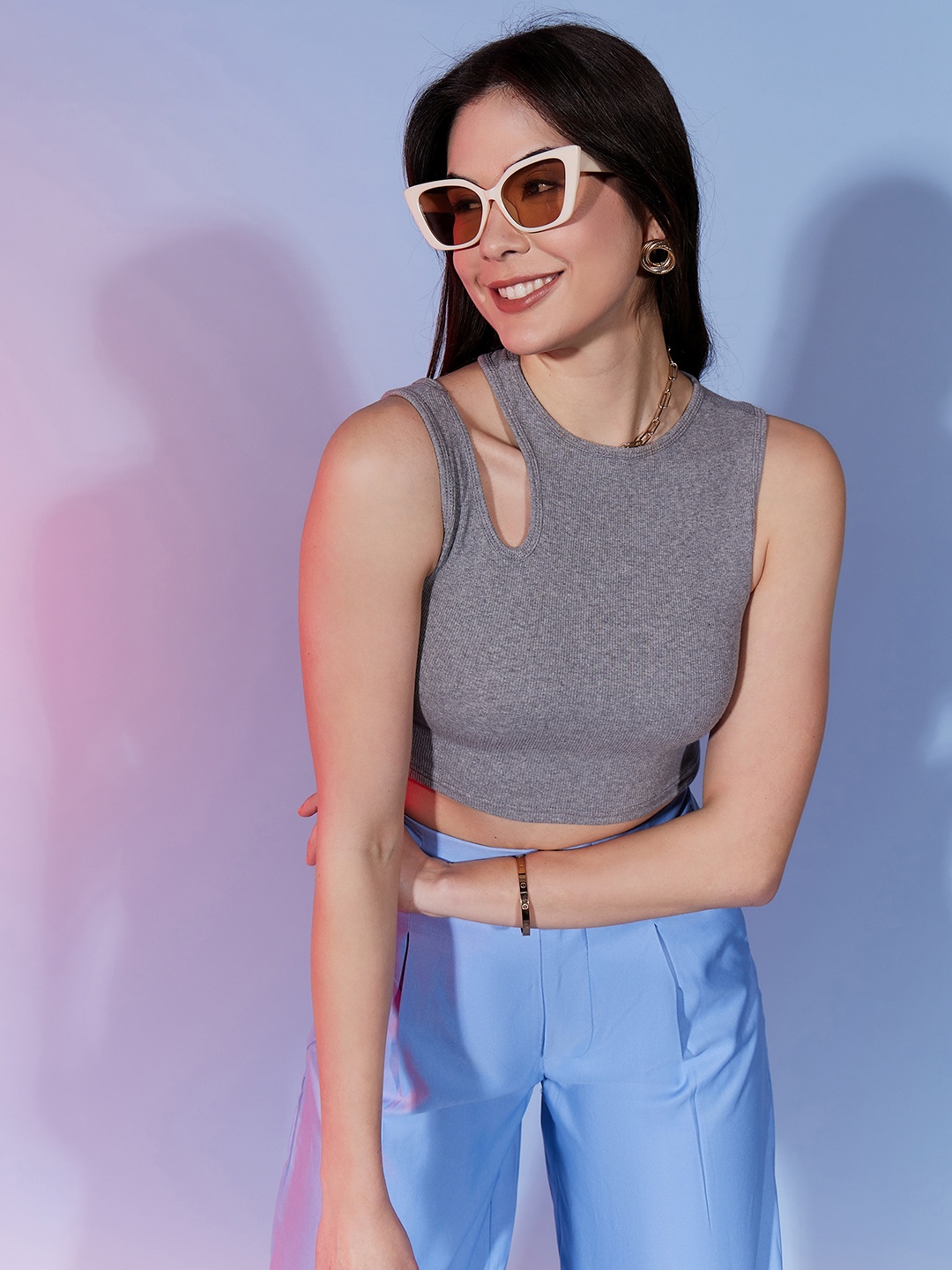 

DressBerry Grey Round Neck Cut Out Fitted Crop Top