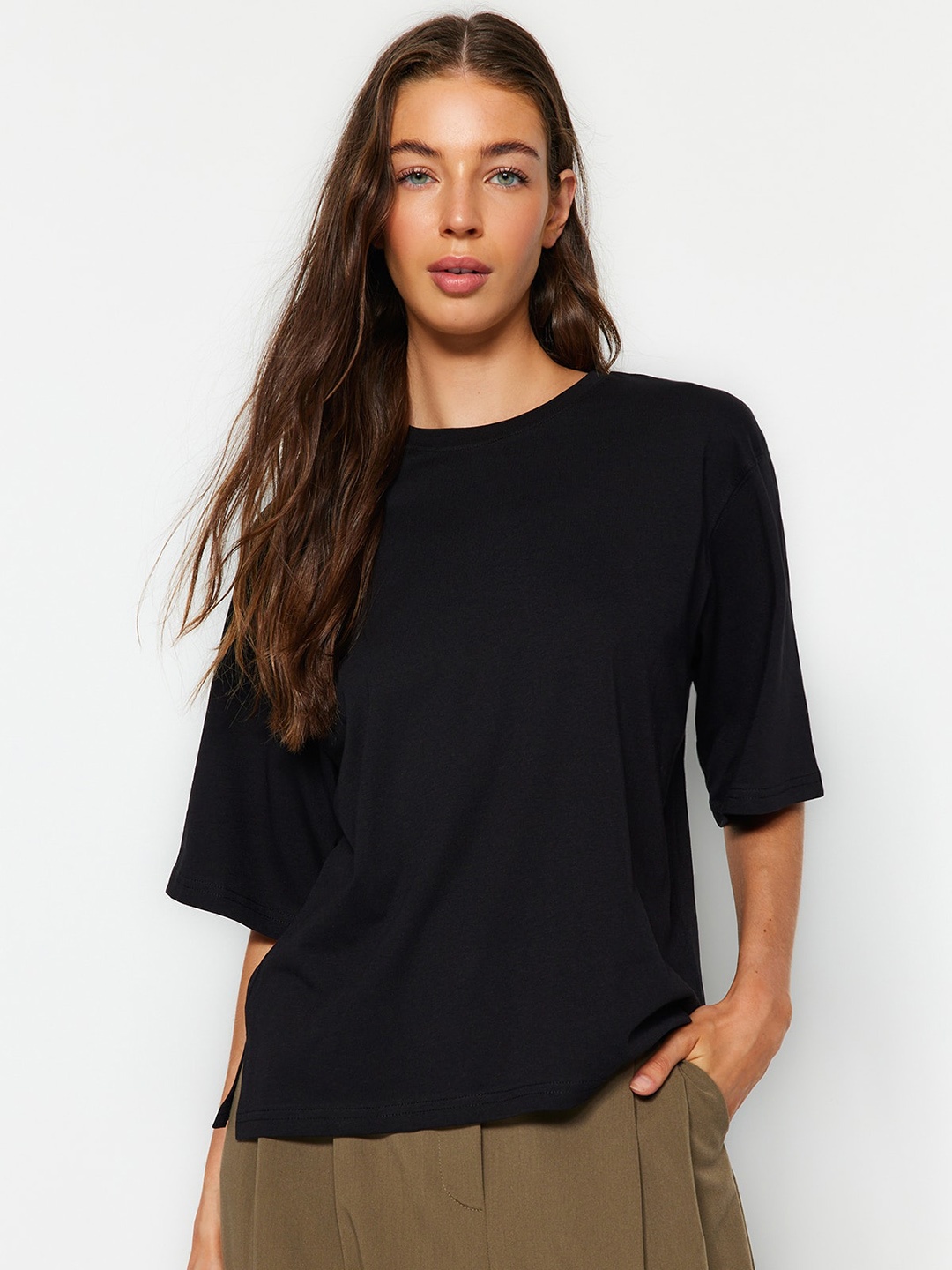 

Trendyol Round Neck Cotton T-shirt, Black
