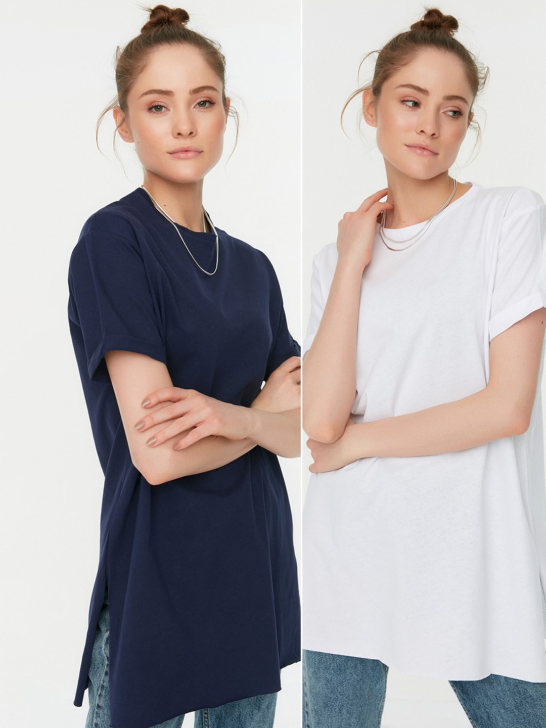 

Trendyol Pack of 2 Drop-Shoulder Sleeves Pure Cotton Longline T-shirts, Navy blue