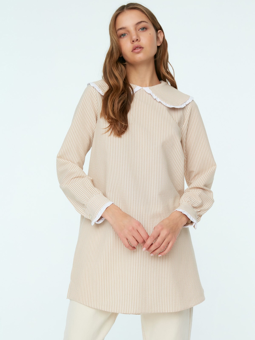 

Trendyol Striped Peter Pan Collar Long Sleeves Tunic, Cream