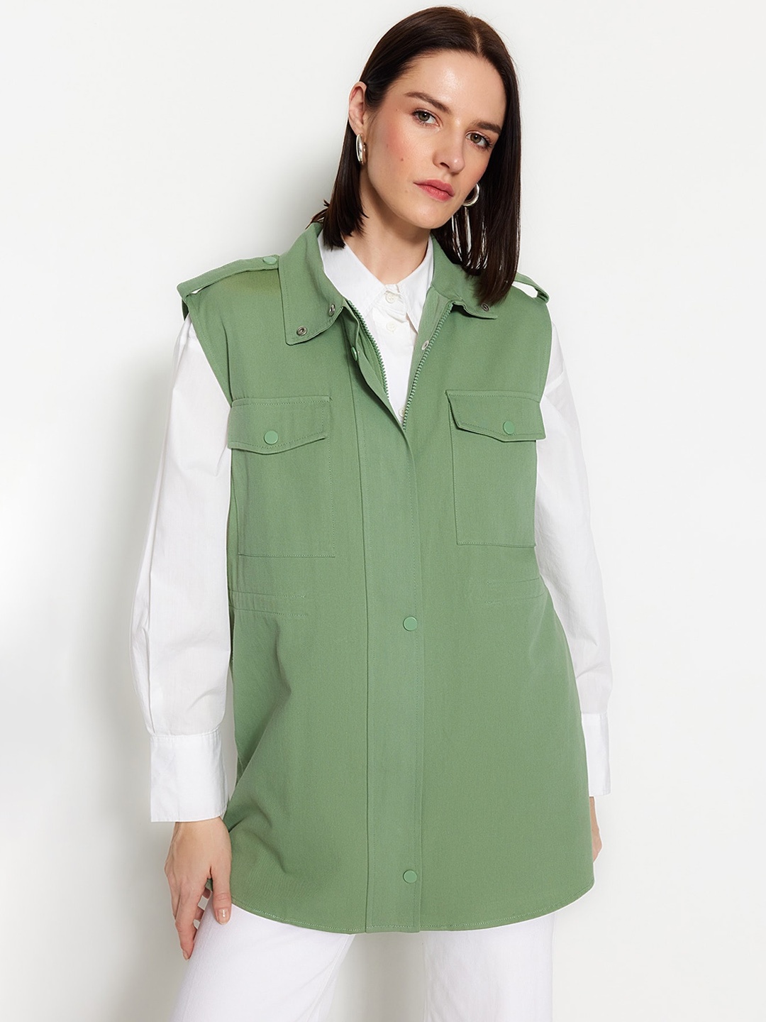 

Trendyol Sleeveless Shoulder Tabs Pure Cotton Longline Tailored Jacket, Green