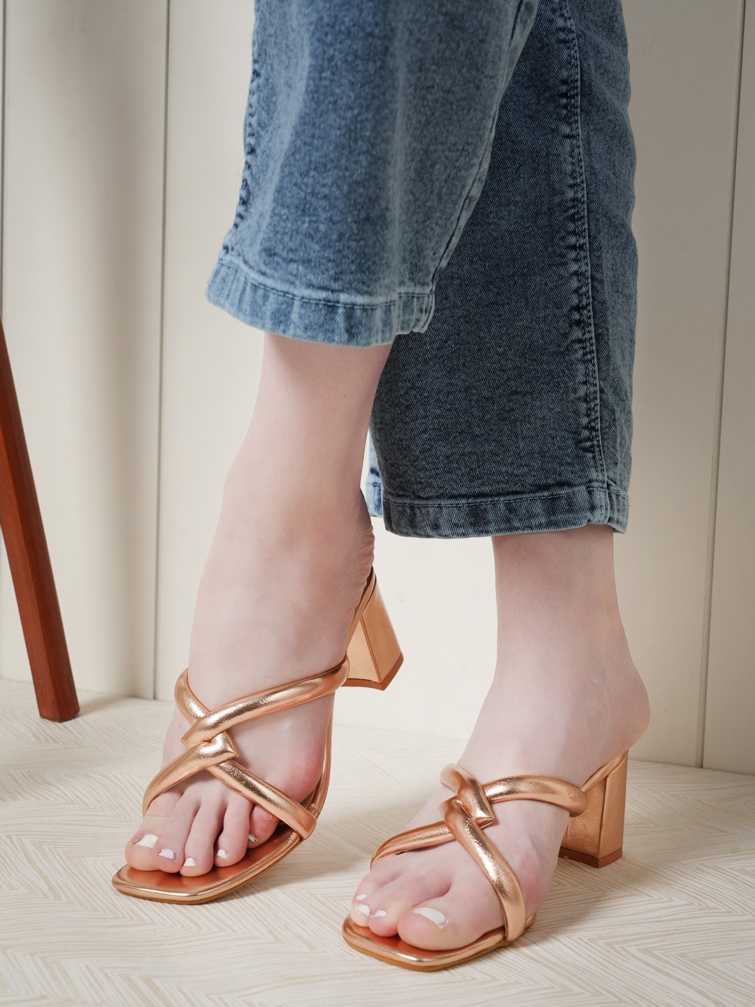 

HEELSNFEELS Cross Strap Open Toe Block Heels, Rose gold