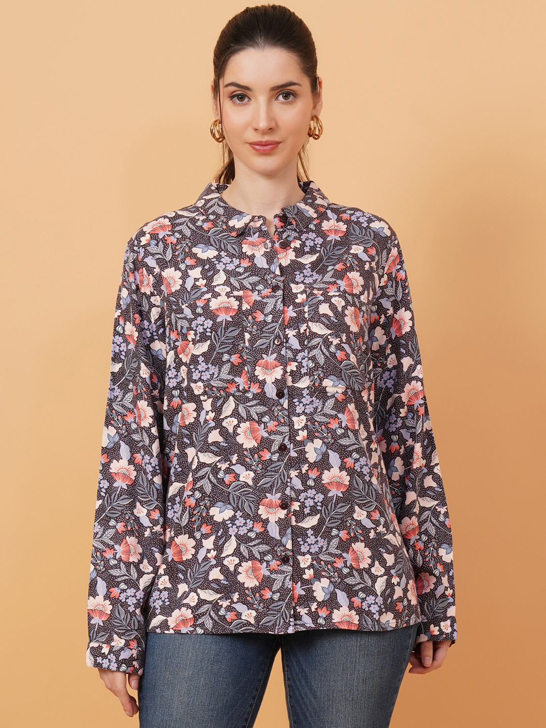 

IX IMPRESSION Floral Printed Shirt Style Top, Black