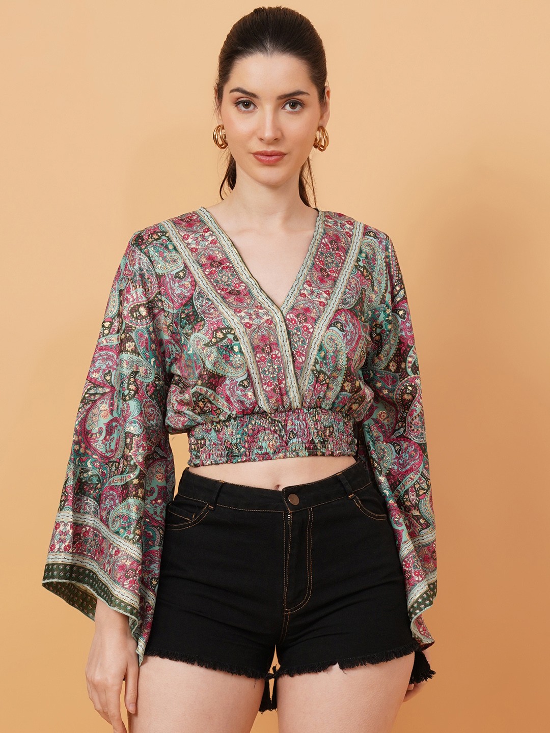 

IX IMPRESSION Ethnic Printed Kimono Sleeves Smocking Blouson Crop Top, Pink