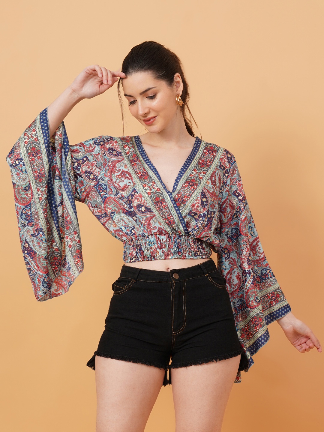 

IX IMPRESSION Ethnic Printed Kimono Sleeves Smocking Blouson Crop Top, Red