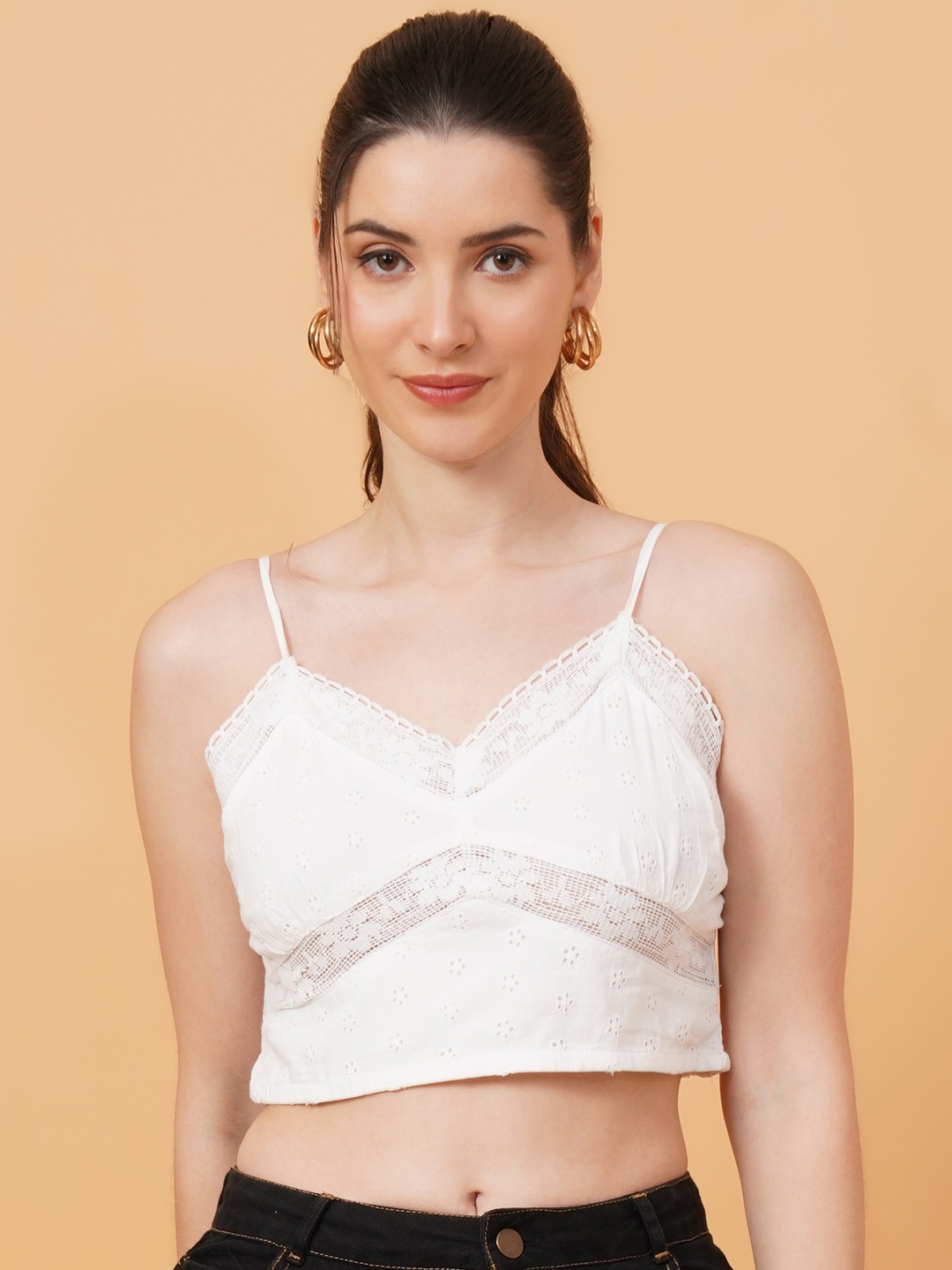 

IX IMPRESSION Schiffli Cotton Bralette Crop Top, White