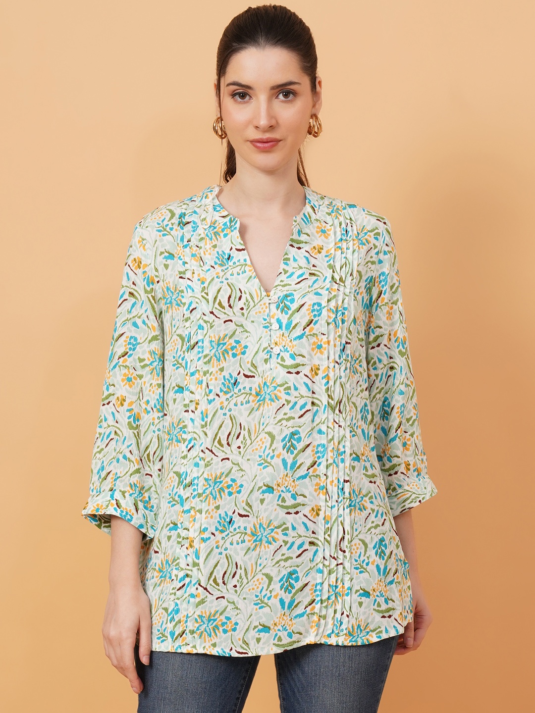 

IX IMPRESSION Floral Printed Mandarin Collar Top, White