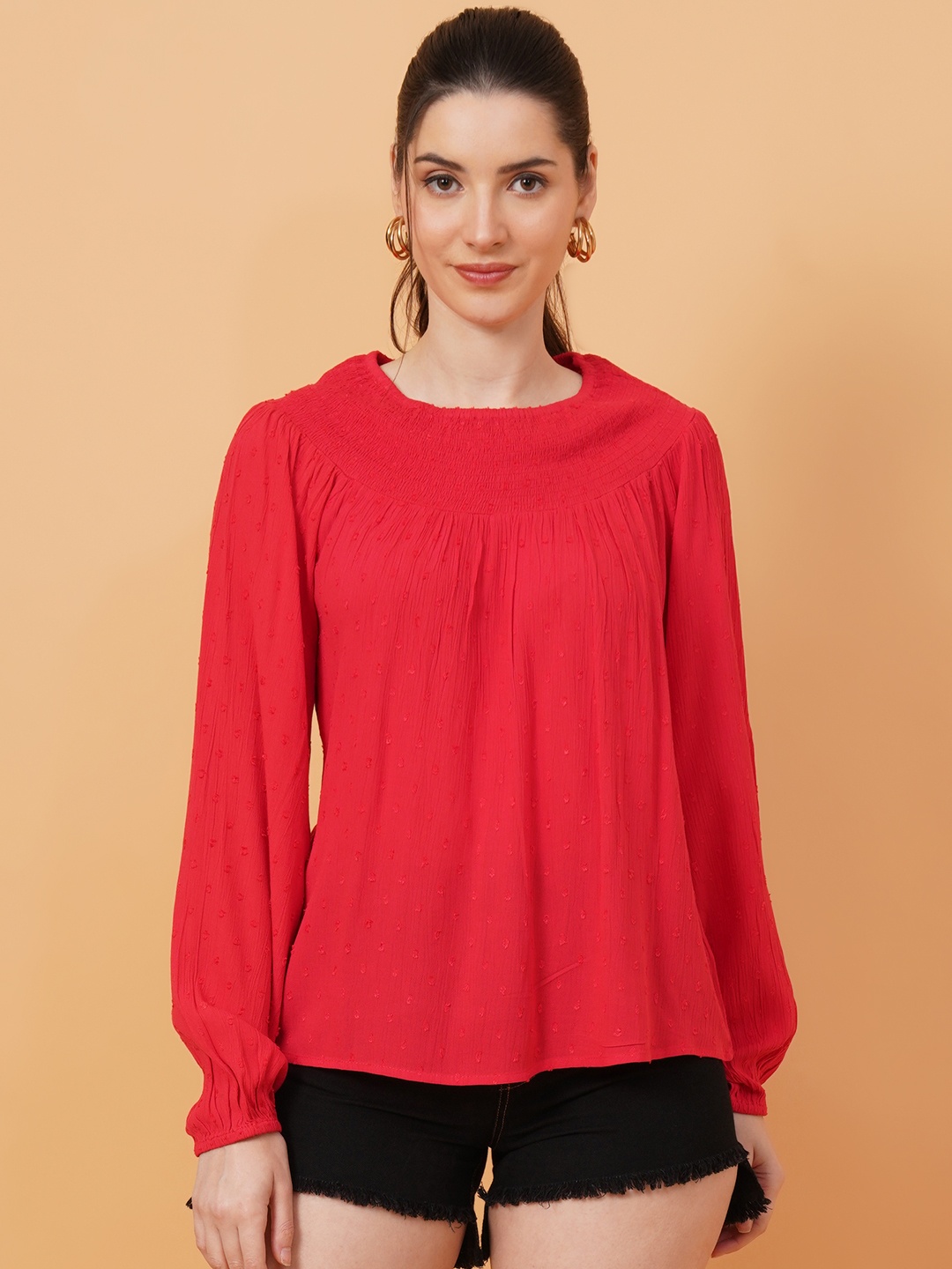 

IX IMPRESSION Round Neck Puff Sleeve Smocked Top, Red