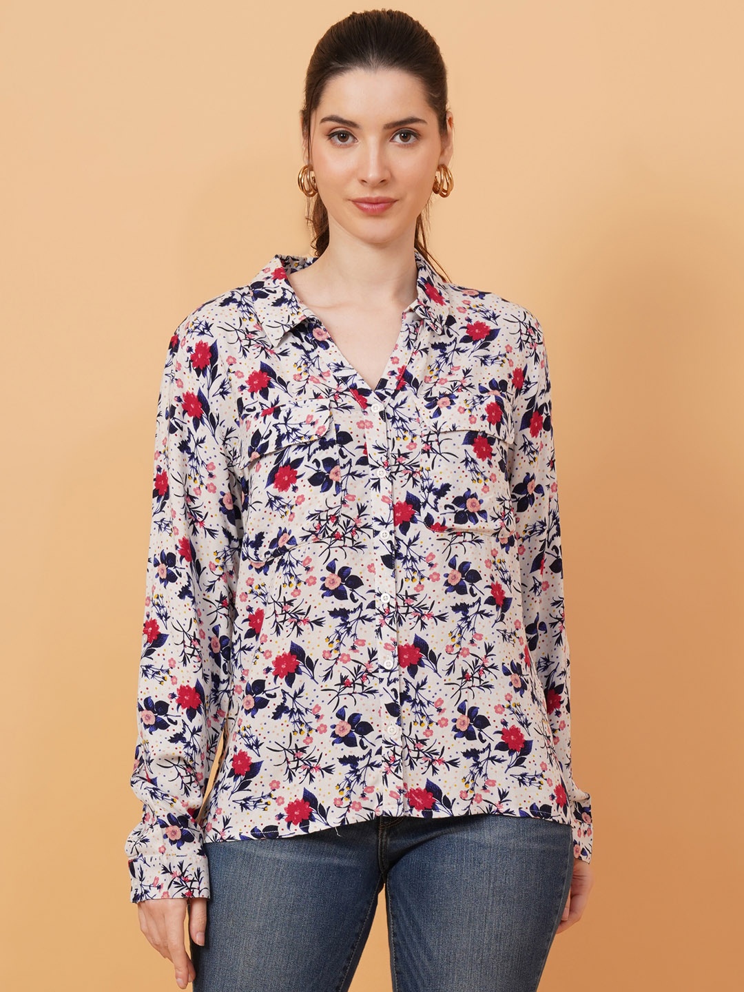 

IX IMPRESSION Floral Printed Shirt Style Top, White