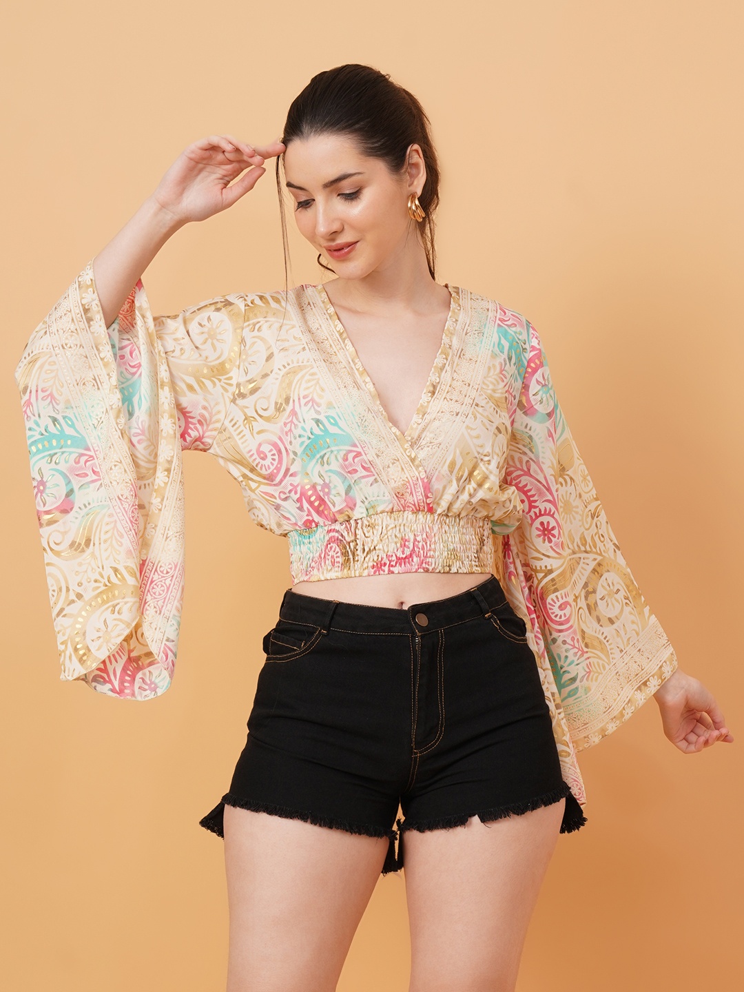 

IX IMPRESSION Floral Printed Kimono Sleeves Smocking Blouson Crop Top, Beige