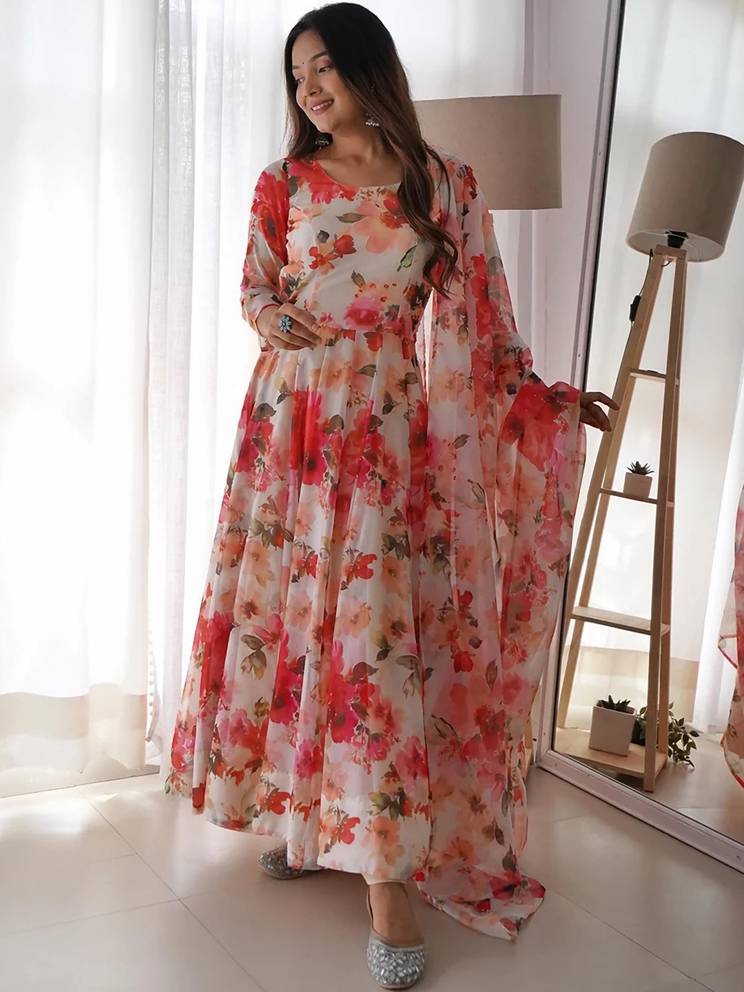 

KALINI Floral Printed Anarkali Kurta with Trousers & Dupatta, White