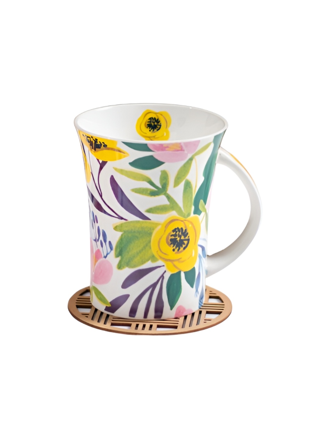 

JCPL White & Yellow 2 Pieces Floral Printed Ceramic Glossy Coffee Mugs 350 ml Each