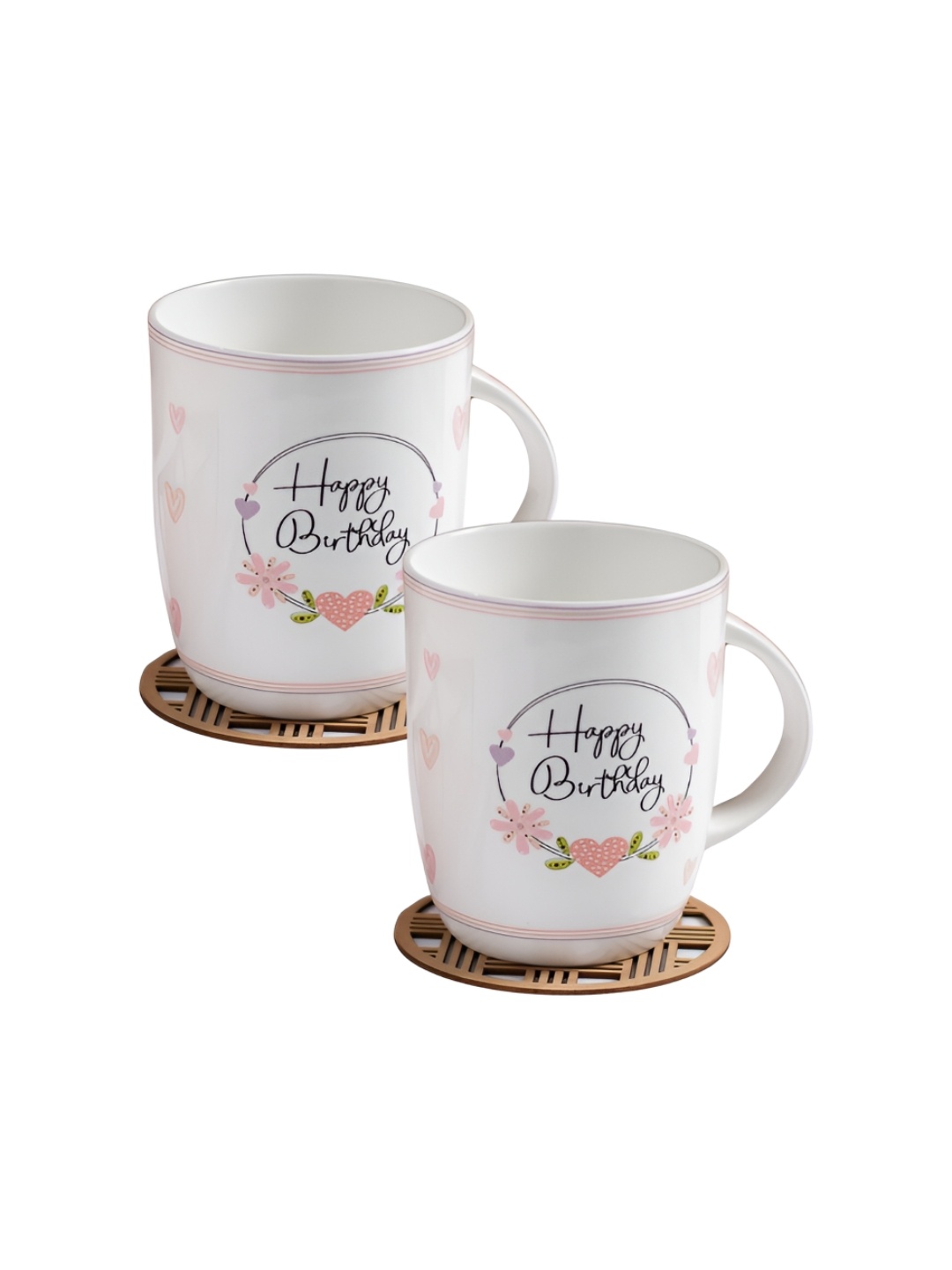 

JCPL Fine Ceramic White & Pink 2 Pieces Happy Birthday Printed Glossy Mugs 350 Ml