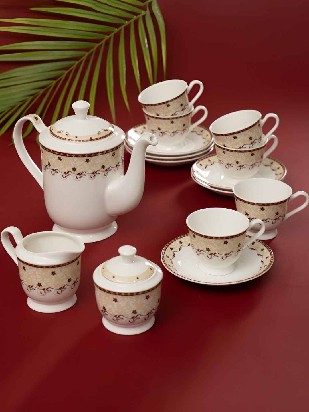 

JCPL White & Brown 15 Pieces Floral Printed Ceramic Glossy Kettle Set