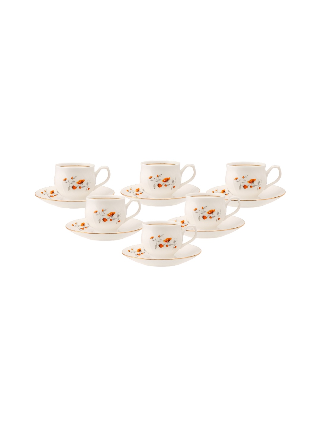 

JCPL White & Orange 12 Pieces Floral Printed Ceramic Glossy Cups and Saucers 180 ml Each