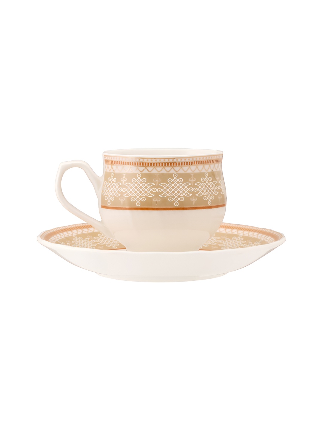 

JCPL White & Beige 12 Pieces Printed Ceramic Glossy Cups And Saucers 180 ml Each