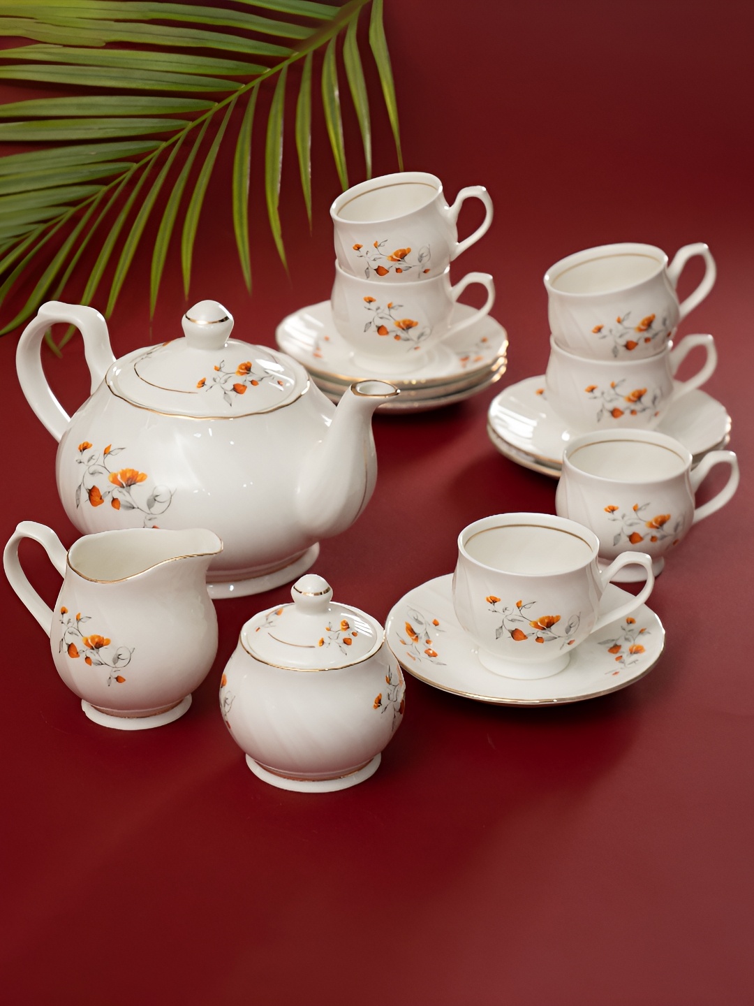 

JCPL White & Orange 15 Pieces Floral Printed Ceramic Glossy Kettle Set
