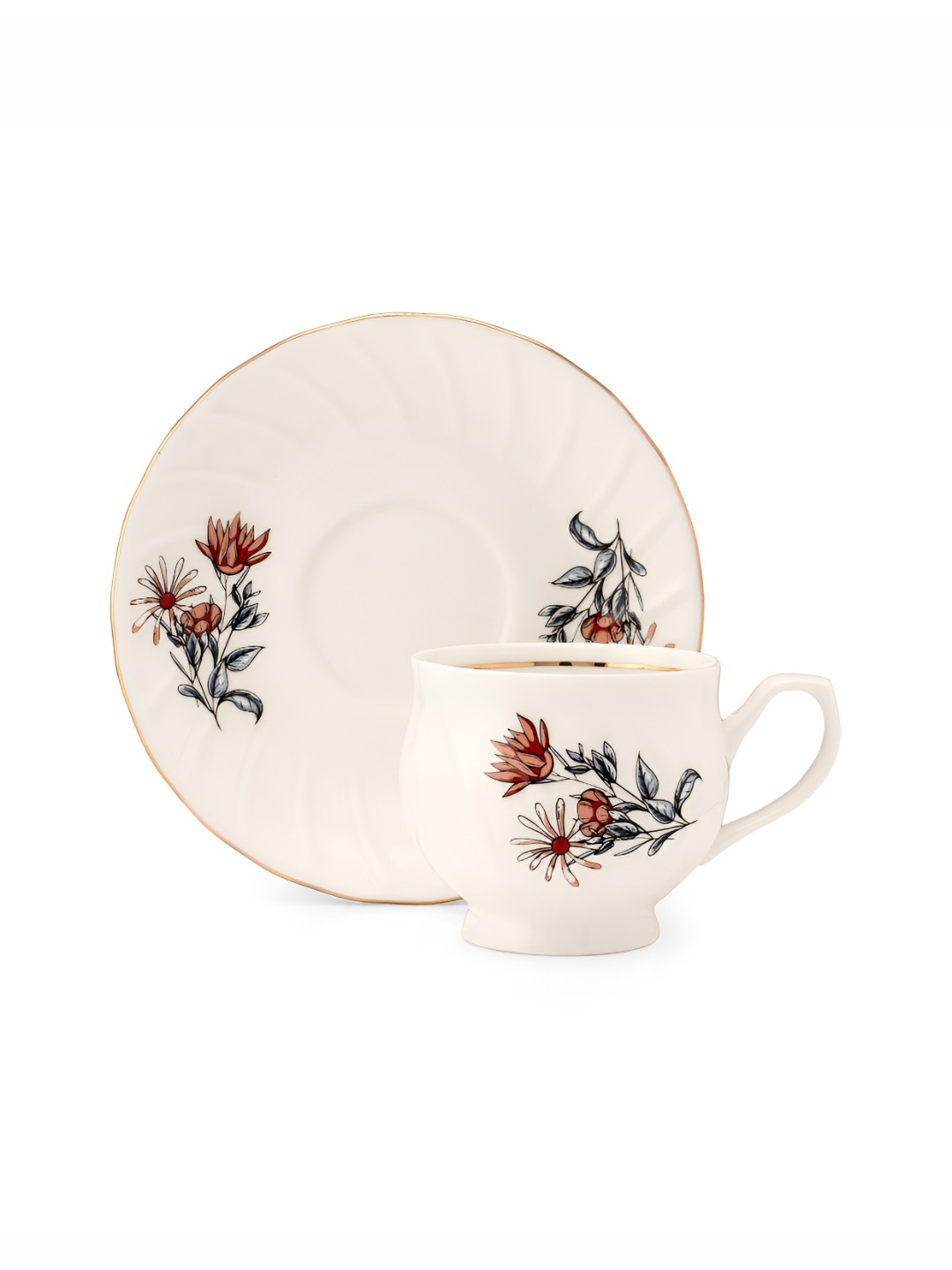 

JCPL White & Red 12 Pieces Floral Printed Ceramic Glossy Cups And Saucers 180 ml Each