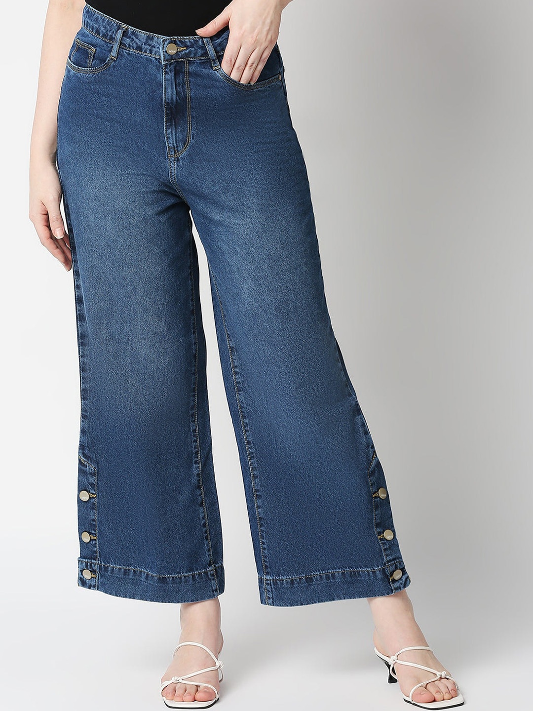 

Kraus Jeans Women Wide Leg High-Rise Light Fade Pure Cotton Jeans, Blue