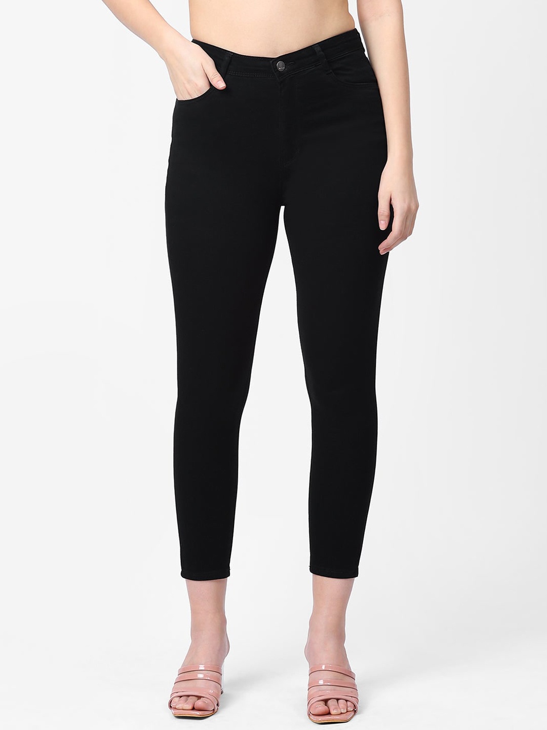 

Kraus Jeans Women Super Skinny Fit High-Rise Cropped Stretchable Jeans, Black