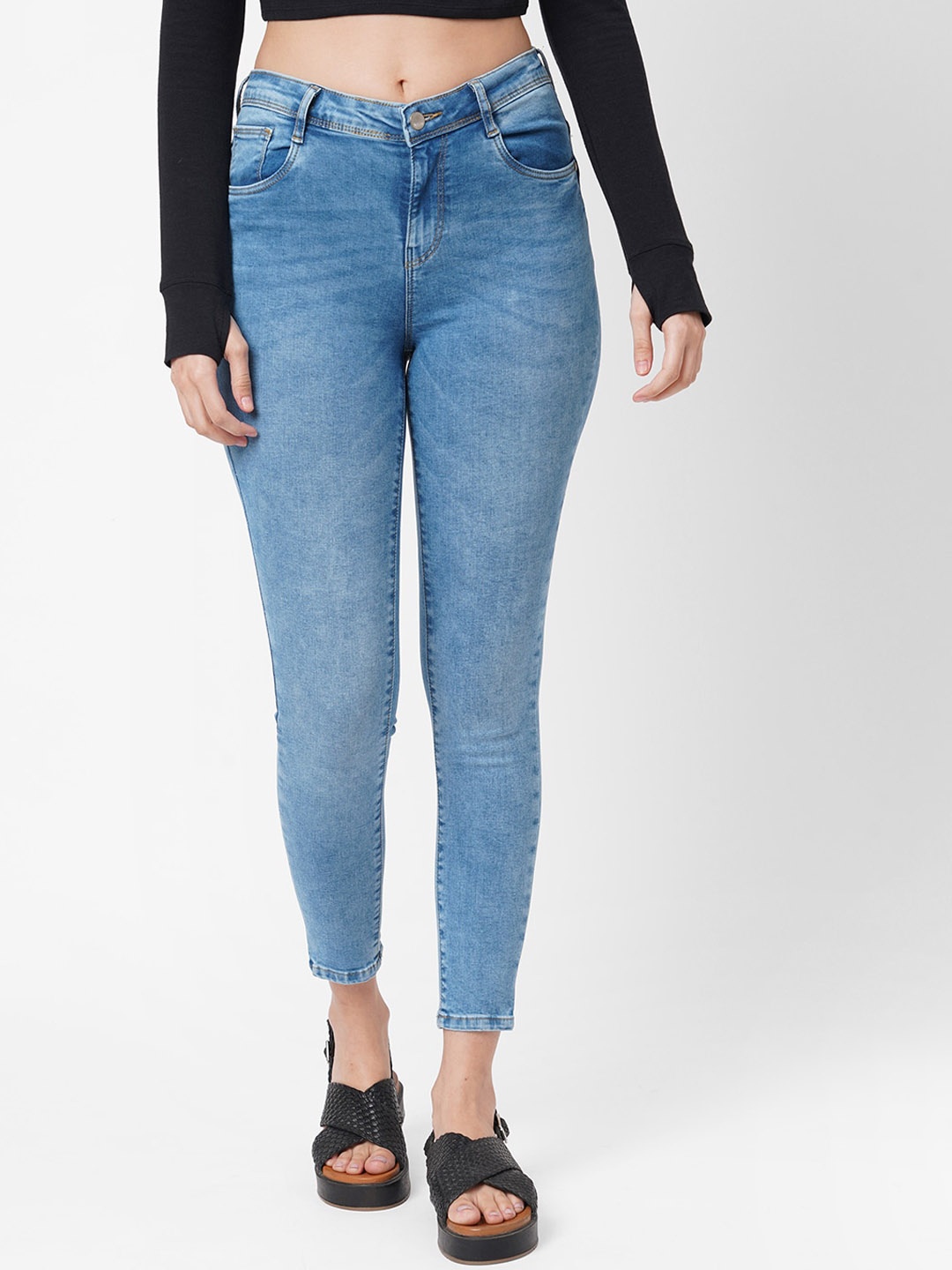 

Kraus Jeans Women Super Skinny Fit Light Fade Whiskers & Chevrons Stretchable Jeans, Blue