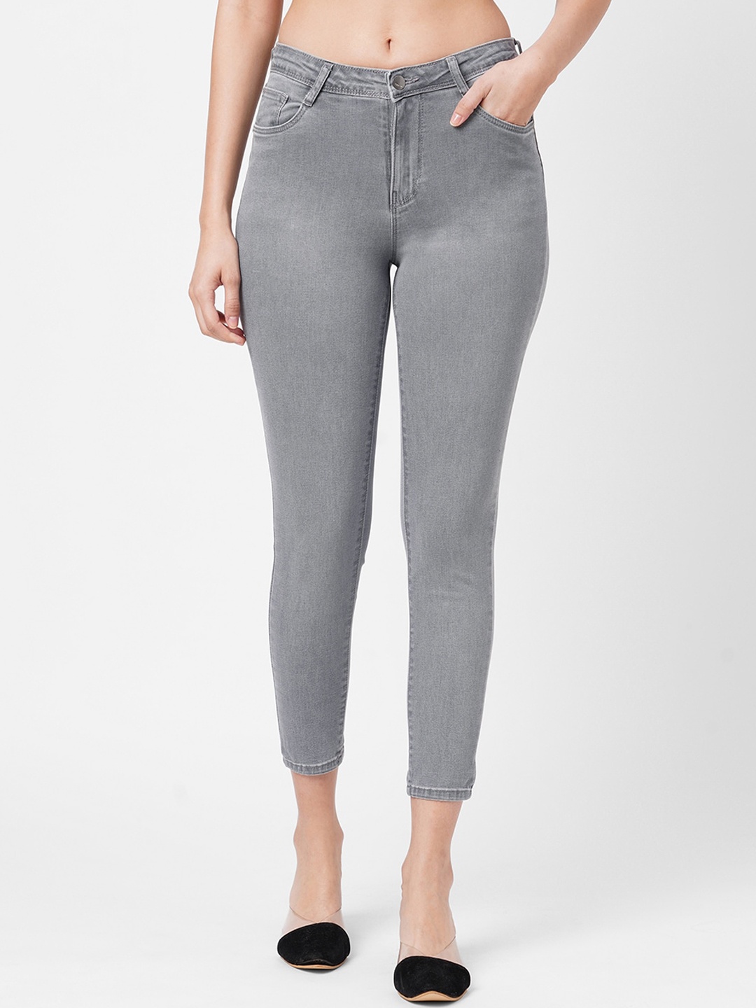 

Kraus Jeans Women Skinny Fit High-Rise Cropped Stretchable Jeans, Grey