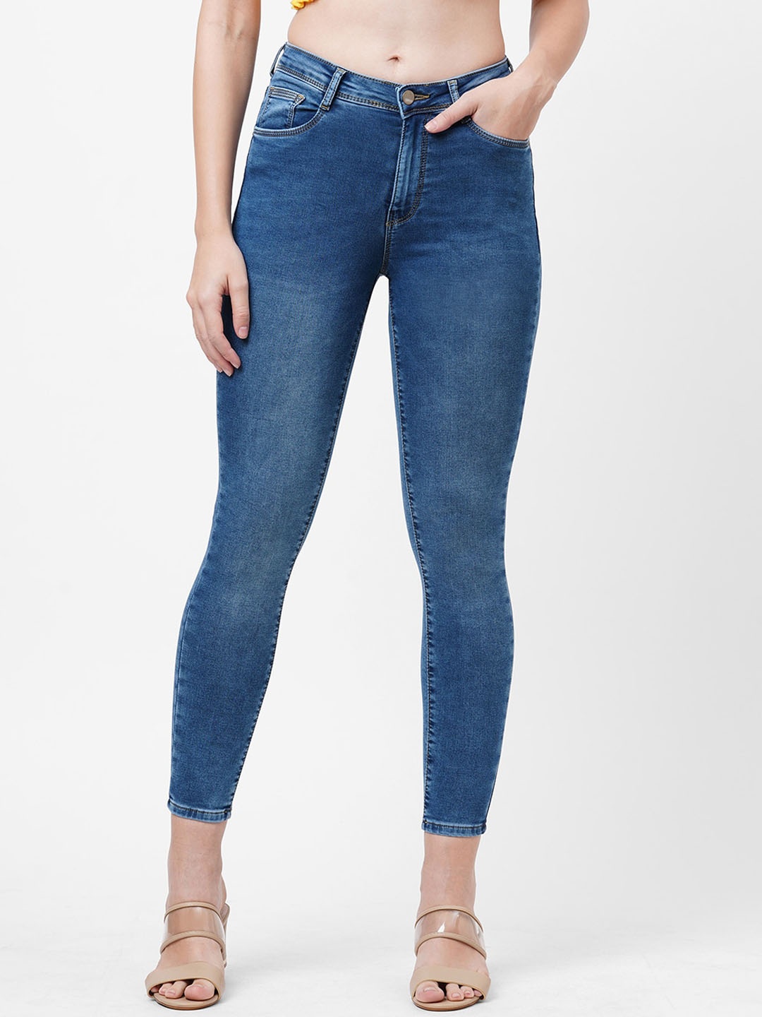 

Kraus Jeans Women Skinny Fit High-Rise Light Fade Cropped Stretchable Jeans, Blue