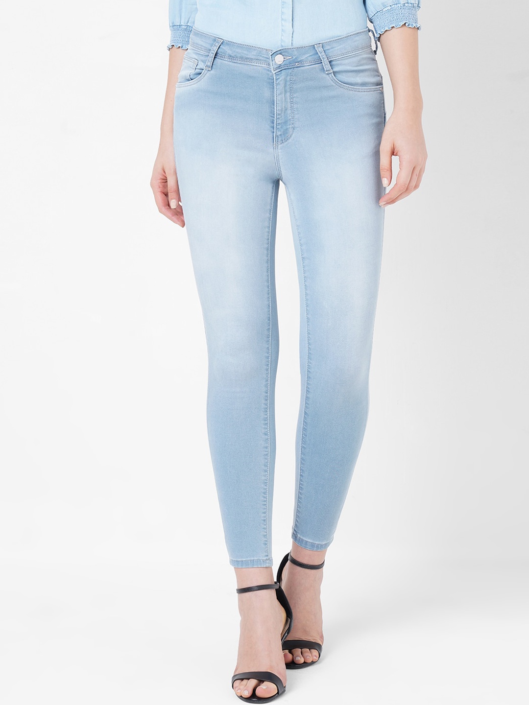 

Kraus Jeans Women Super Skinny Fit Heavy Fade Clean Look Cropped Jeans, Blue