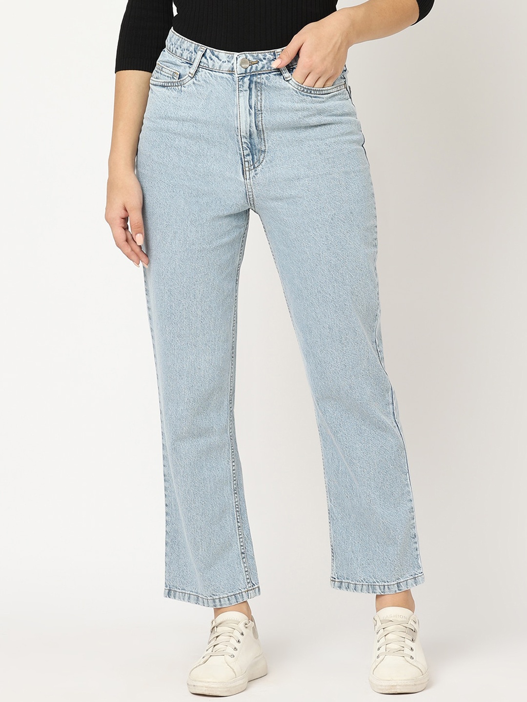 

Kraus Jeans Women Straight Fit High-Rise Heavy Fade Jeans, Blue