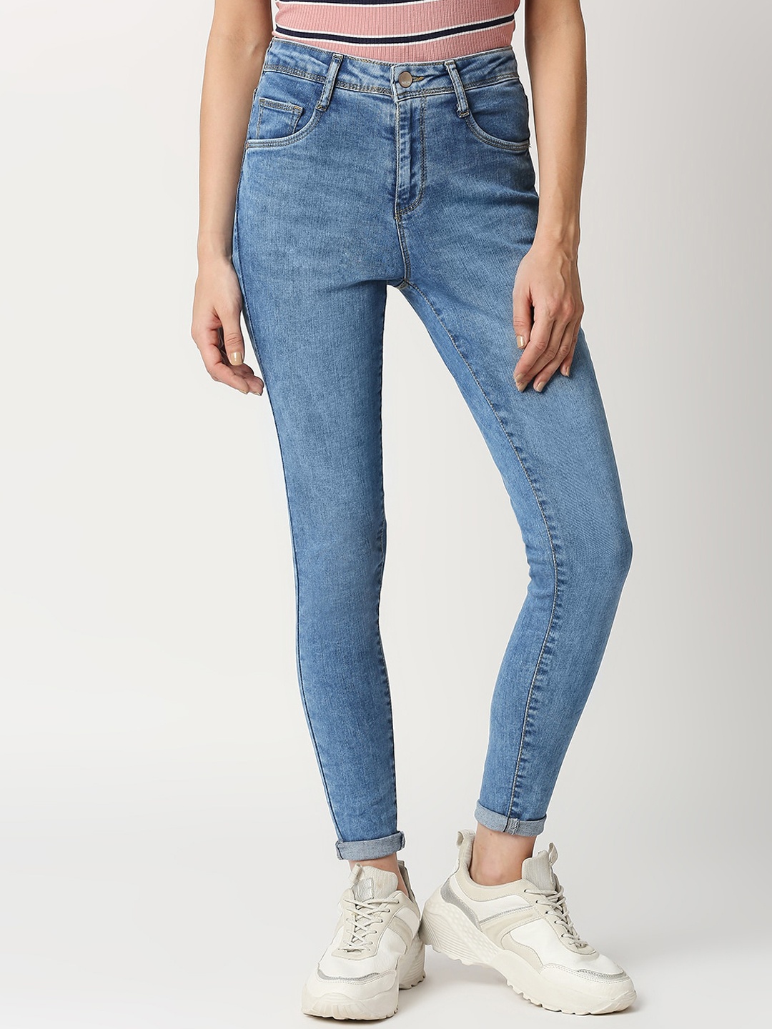 

Kraus Jeans Women Skinny Fit High-Rise Low Distress Jeans, Blue