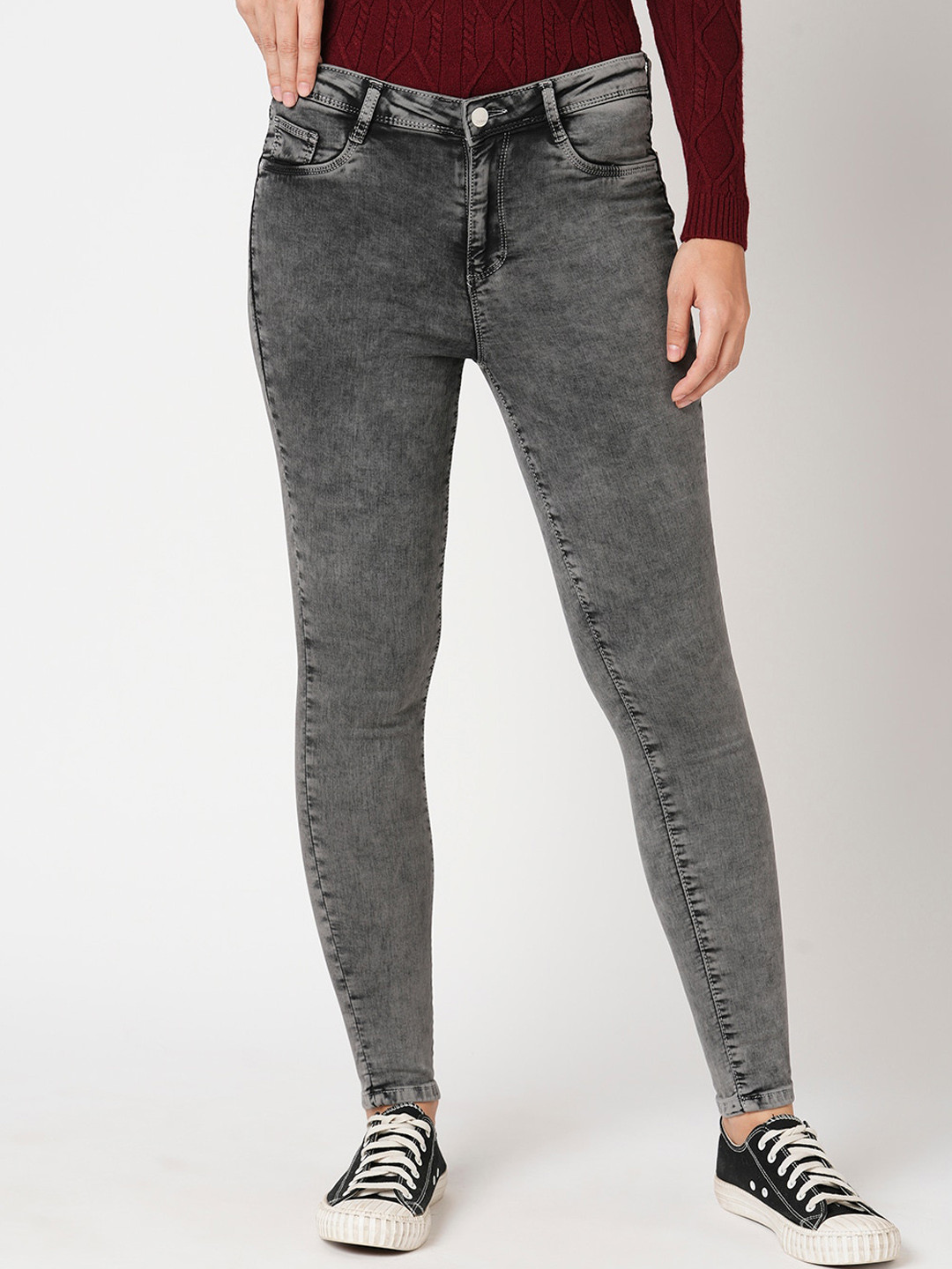 

Kraus Jeans Women Skinny Fit High-Rise Heavy Fade Stretchable Jeans, Grey