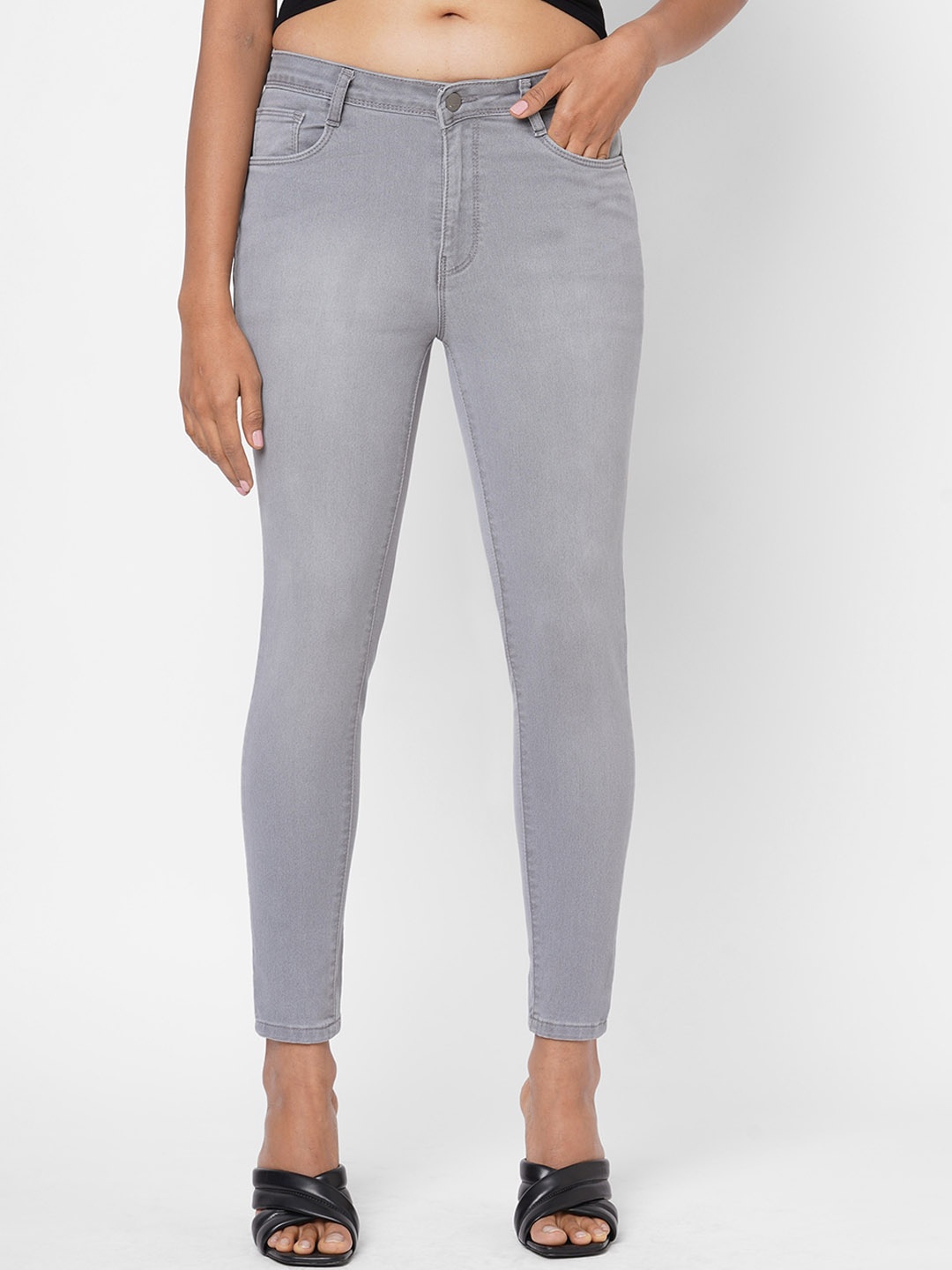 

Kraus Jeans Women Skinny Fit High Rise Light Fade Clean Look Cropped Jeans, Grey