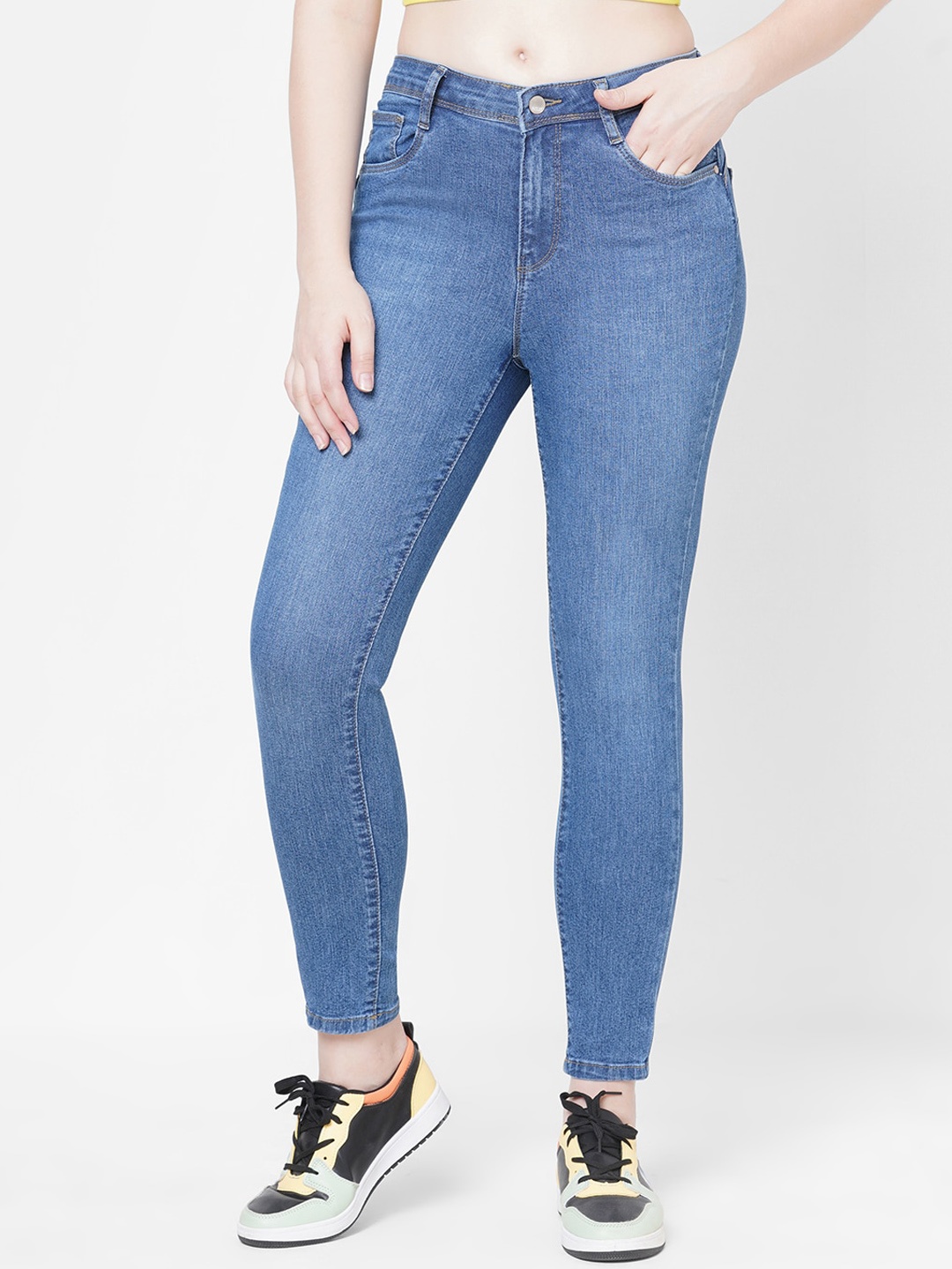 

Kraus Jeans Women Super Skinny Fit Mid Rise Clean Look Light Fade Stretchable Jeans, Blue