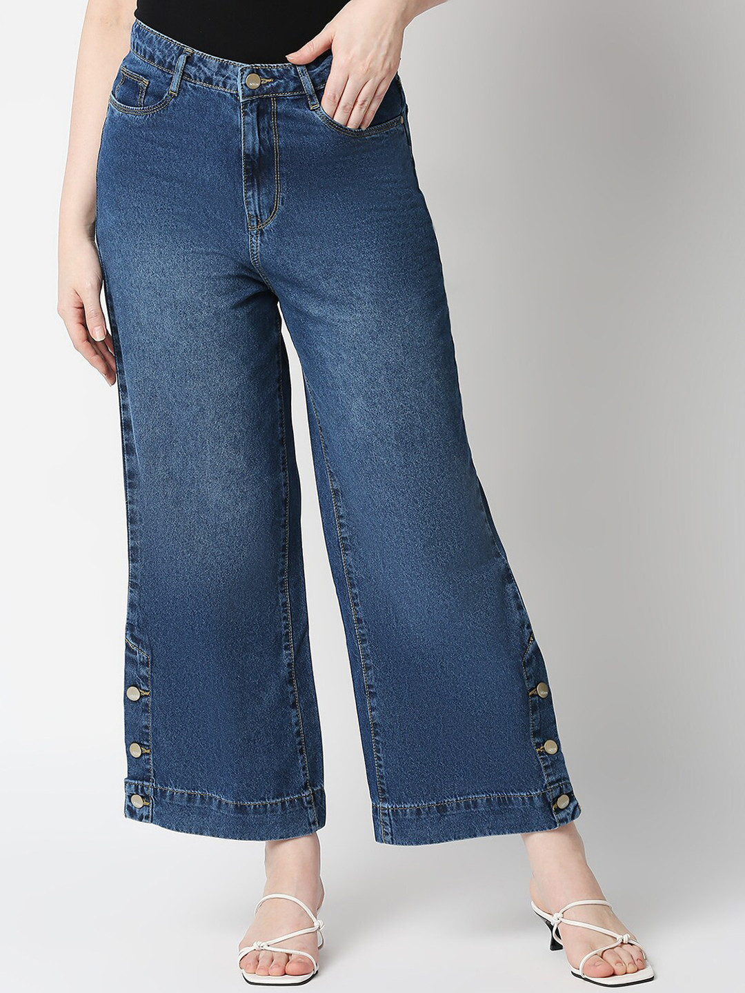 

Kraus Jeans Women Wide Leg High Rise Light Fade Clean Look Pure Cotton Jeans, Blue