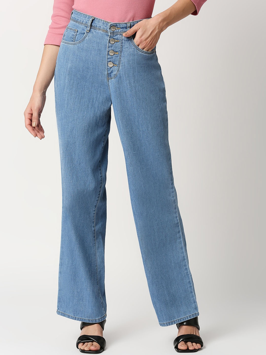 

Kraus Jeans Women Wide Leg High Rise Pure Cotton Jeans, Blue