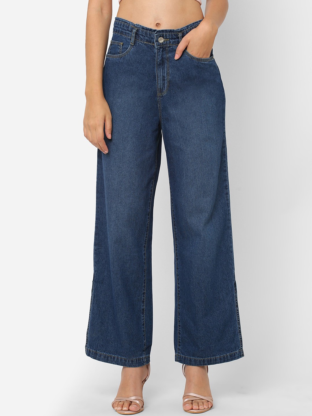 

Kraus Jeans Women Wide Leg High-Rise Light Fade Cotton Jeans, Blue