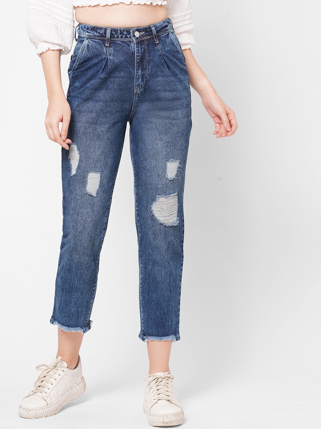

Kraus Jeans Women Relaxed Fit High-Rise Mildly Distressed Light Fade Cotton Jeans, Blue