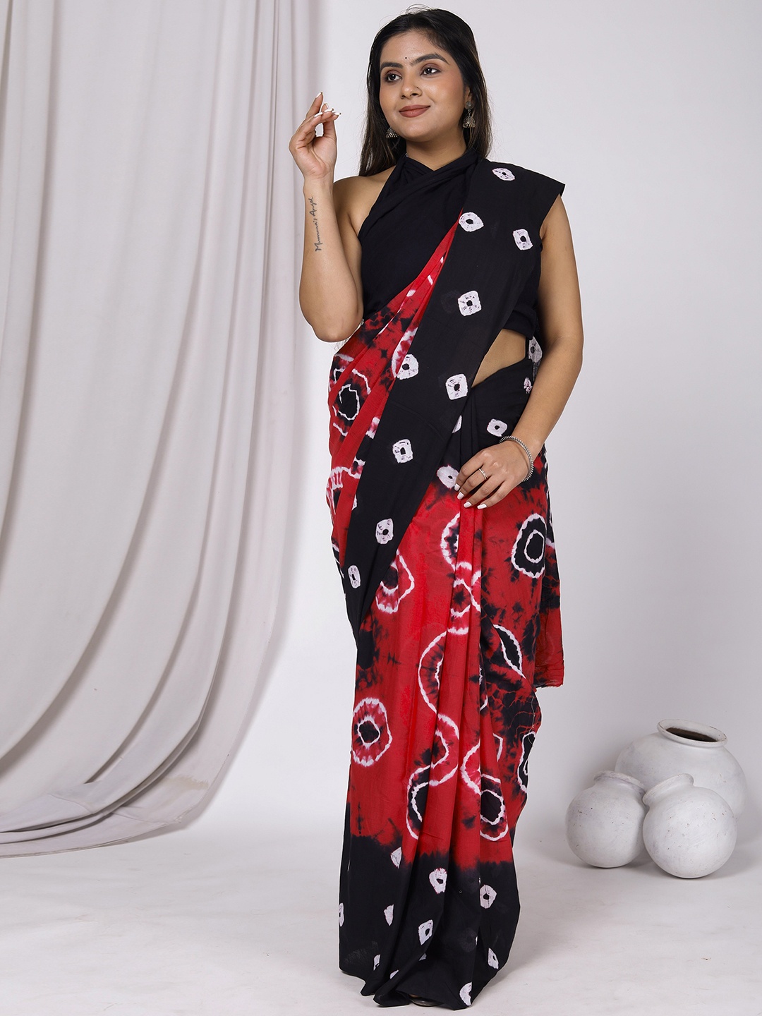 

Sanganeri Print Bandhani Pure Cotton Bagru Saree, Black