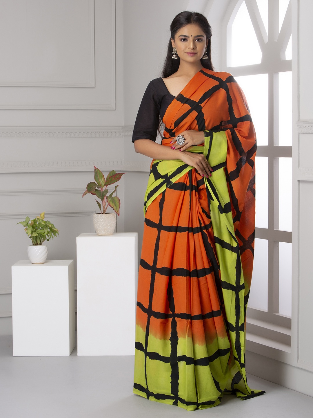 

Sanganeri Print Checked Printed Mulmul Cotton Block Print Saree, Green