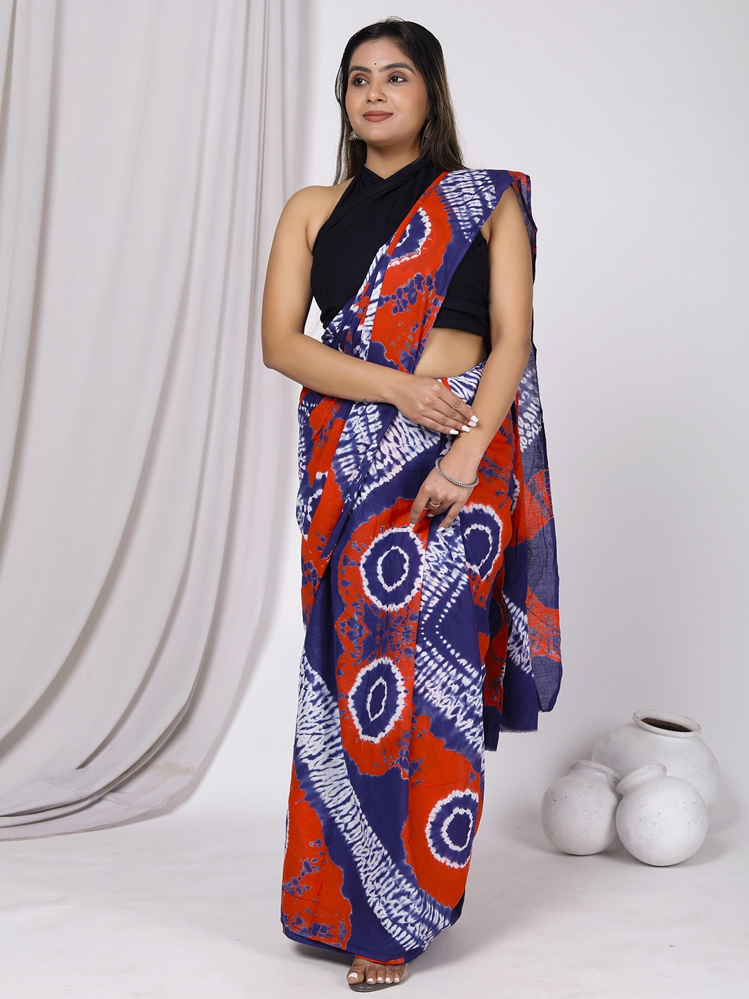 

Sanganeri Print Tie and Dye Pure Cotton Bagru Saree, Blue