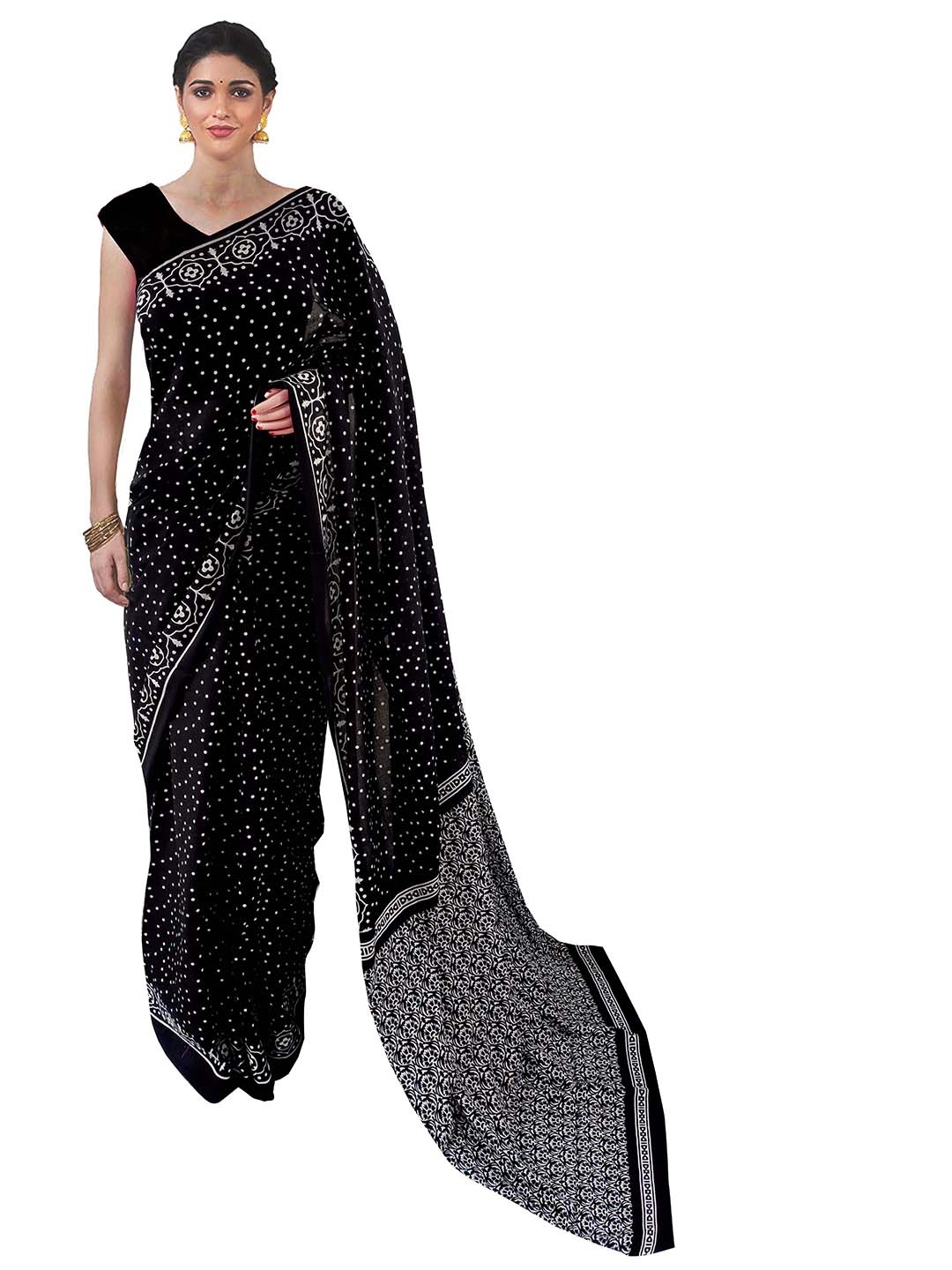 

Sanganeri Print Polka Dot Mulmul Cotton Block Print Saree, Black