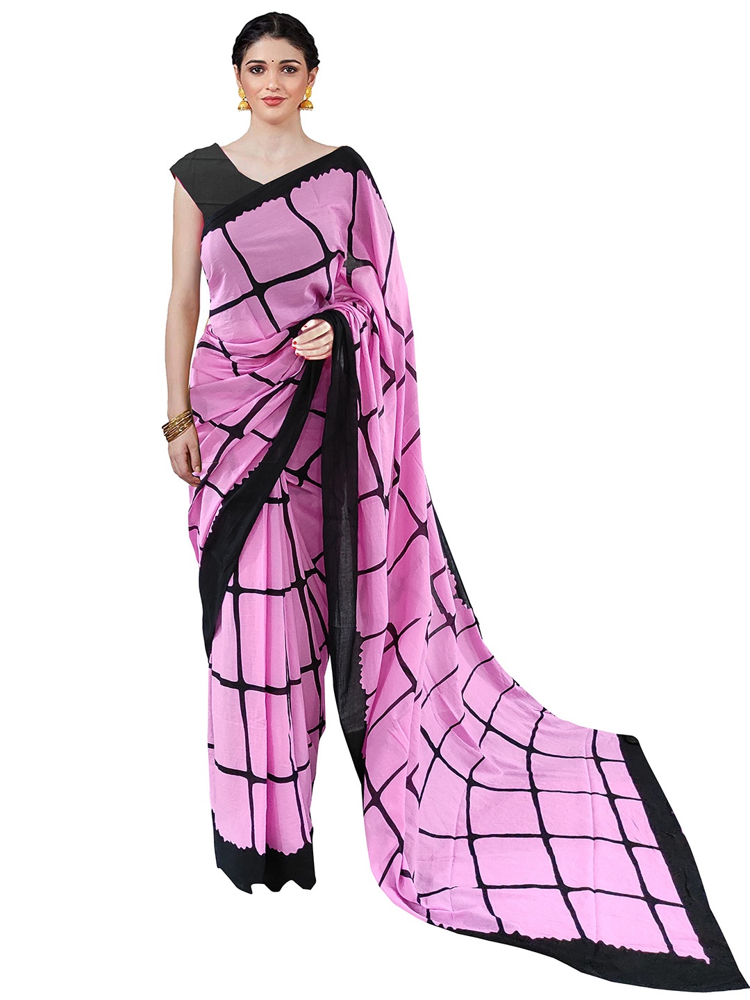 

Sanganeri Print Geometric Printed Mulmul Cotton Block Print Saree, Pink