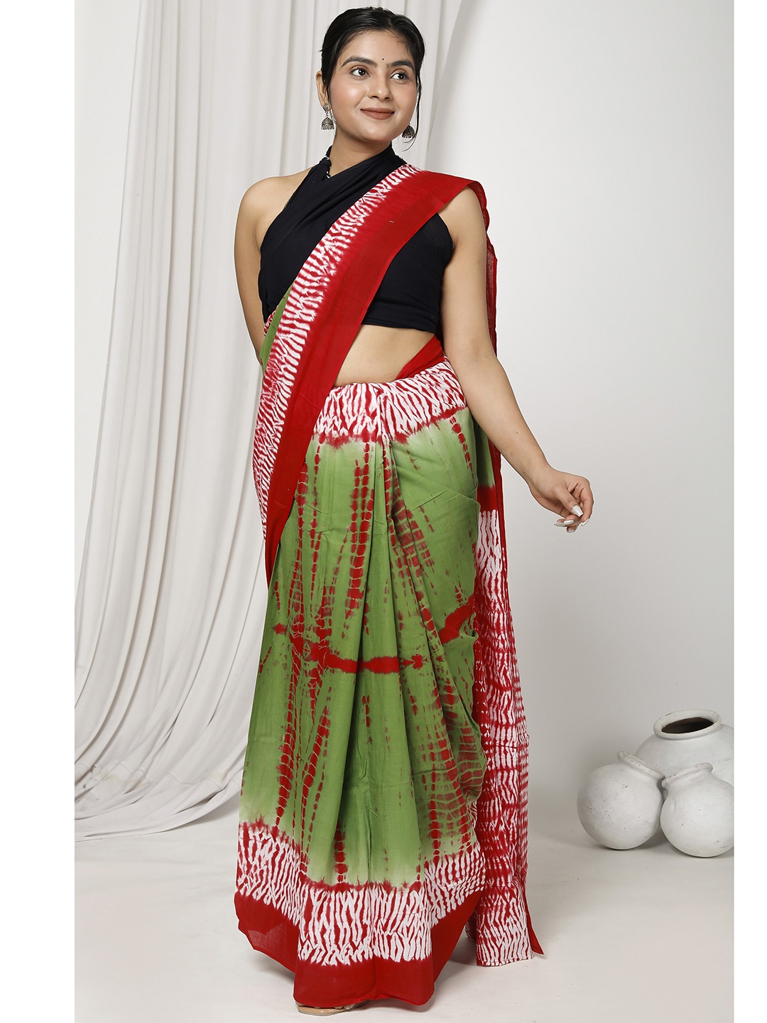 

Sanganeri Print Tie and Dye Pure Cotton Saree, Green