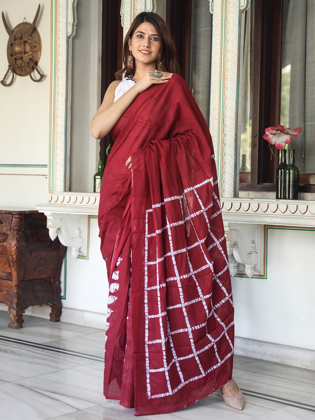 

Sanganeri Print Checked Pure Cotton Half and Half Block Print Saree, Maroon